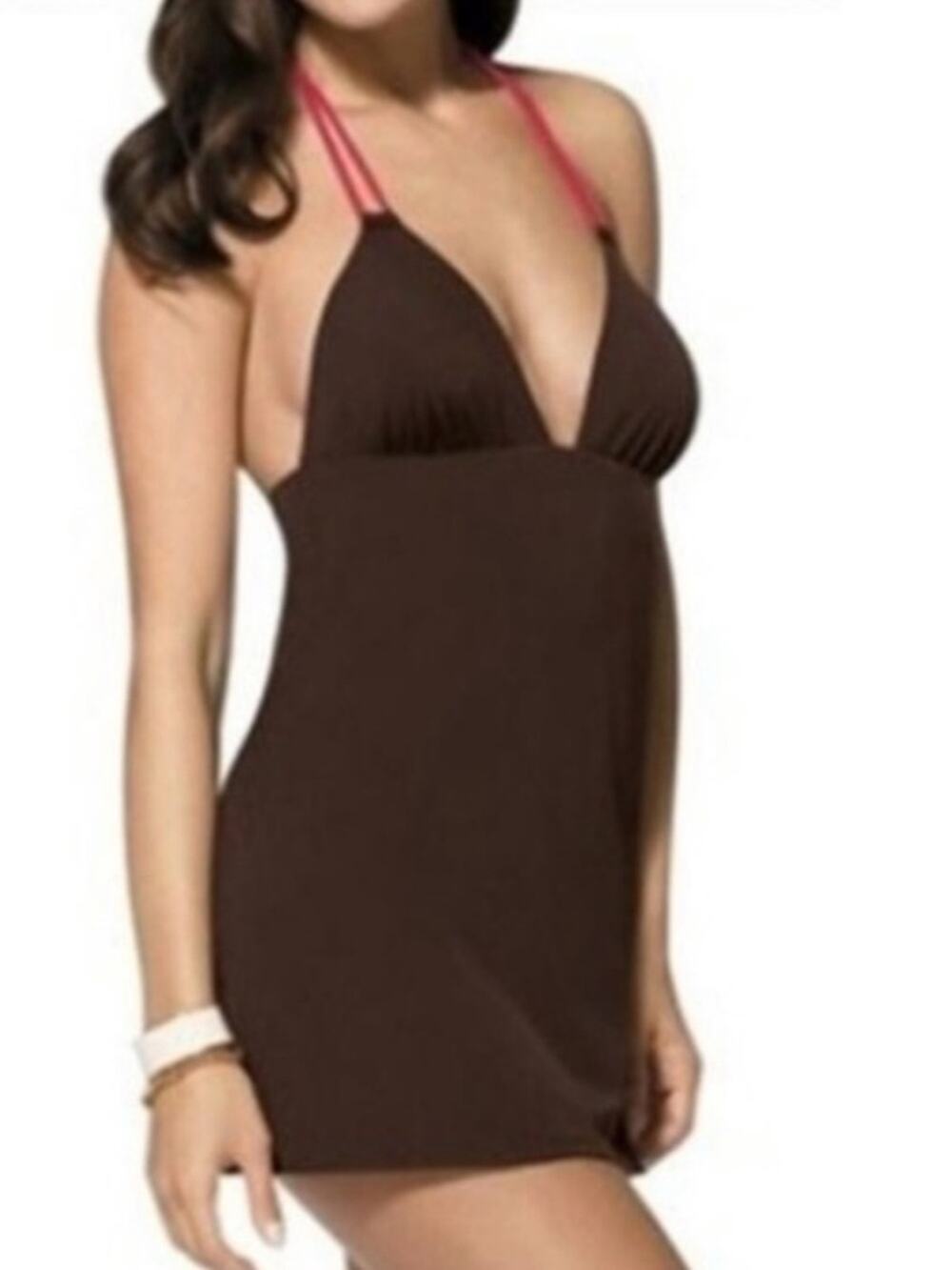 Spanx Halter Tie Neck One Piece Swimsuit Dress 12 Brown Pink Swim Beach Vacation